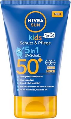 NIVEA SUN Kids skydd & Care To Go SPF 50+ solkräm, högt solskydd med vitamin C & E, svett- och extra vattentät sollotion för känslig barnhud (50 ml)