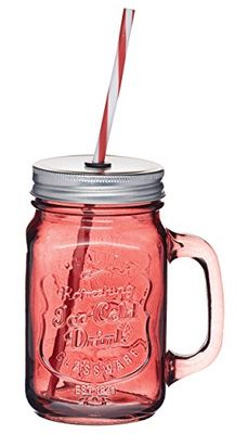 KitchenCraft Home Made Coloured Glass Drinks Jar with Screw Lids and Reusable Plastic Straws 450ml