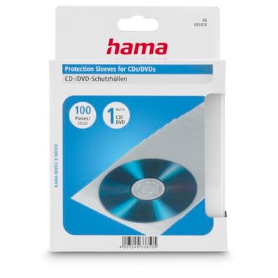 Hama CD-/DVD-/Blu-ray beschermhoezen (slim design, hoes van kunststof, 100 stuks), transparant