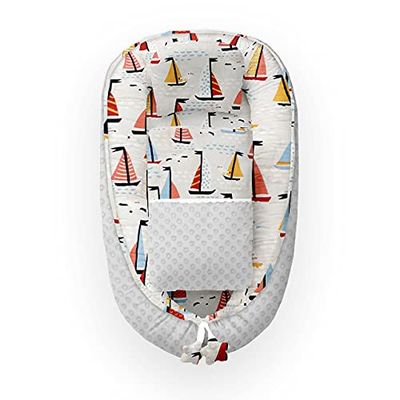 KOSPU Babynest met kussen en deken voor peuters, katoen en minky pluche, 100% siliconen kralen vulling, bumper 90 x 70 cm, babydeken 75 x 50 cm, babyslaapkussen 35 x 25 cm