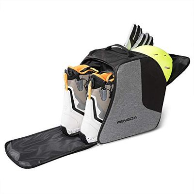 PENGDA Skischoenentas - Skischoenen en snowboardlaarzen tas waterdichte reistas voor skihelmen, brillen, handschoenen, skikleding en kofferruimte (2 aparte compartimenten) (zwart grijs)