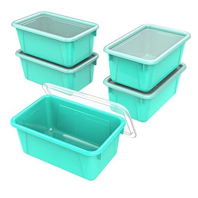Storex Lot de 5 petits bacs à cubby – Boîtes de rangement en plastique pour salle de classe avec couvercle anti-claquement, 31 x 19,8 x 13 cm, bleu sarcelle (62412U05C)