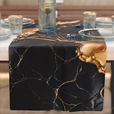 PETTI Artigiani Italiani - Modern Elegant Table Runner Tablecloth with Black and Gold Marble Effect, 100% Made in Italy