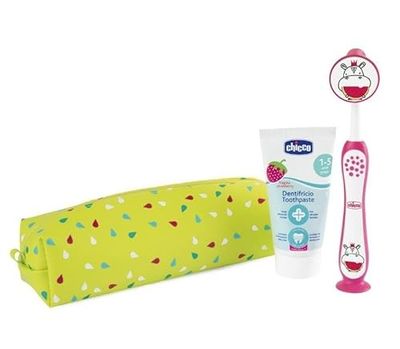 Chicco Zestaw Szczoteczka i Pasta do Zębów dla Dzieci, z Praktycznym Etui, Zestaw: Pasta do Zębów o smaku Truskawkowym i Szczoteczka do Zębów z Przyssawką, Zestaw podróżny, 3-6 lat, jasnoniebieski