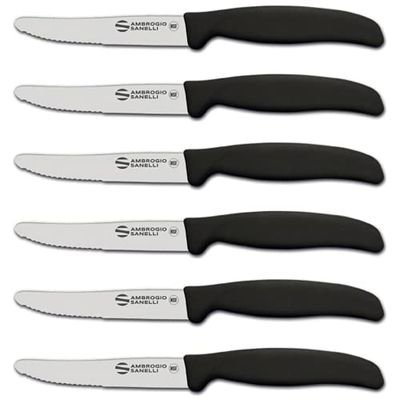 Sanelli Ambrogio Juego de cuchillos de mesa Supra, 6 cuchillos con hoja dentada de 11 cm, afilado con control láser y mango ergonómico, cuchillos profesionales Made in Italy