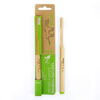 Brosse à Dent Médium - Biodégradable, Manche en Bambou - Nettoie en Douceur - Soin Bucco-Dentaire - Poil Nylon Ultra Doux Gencive Sensible, Dents Saines - Toothbrush Voyage, Hygiène Feel Natural