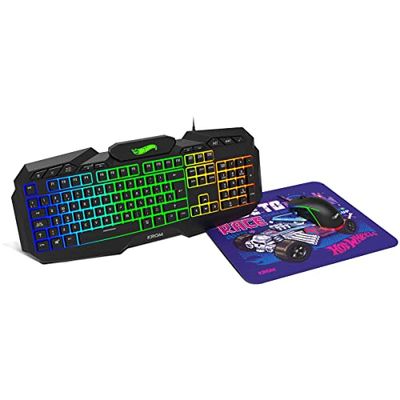 KROM Hot Wheels Edition KUSTOM Kit Tastiera, Mouse e Tappetino per Mouse - Tastiera a Membrana RGB, Mouse Sensore Ottico 7200 DPI, Tappetino per Mouse Durevole in Morbido Panno, Layout Spagnolo, Blu