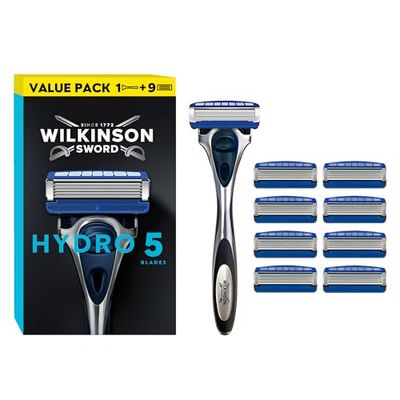 Wilkinson Sword Hydro 5 Men’s Razor, Great Addition to Wash Bags for Men's Grooming, Great Shavers for Routine Shaving, 1 Reusable Handle plus 9 Blades Refills Pack