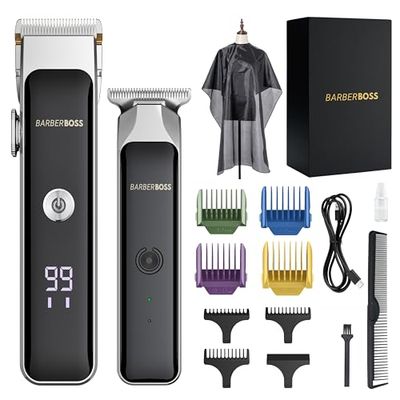 BarberBoss Tondeuse portable pour barbe et cheveux, tondeuse pour hommes avec lame en céramique, cadran de contrôle de précision, peignes de guidage, chargeur USB, LED rouge/verte, QR-2682