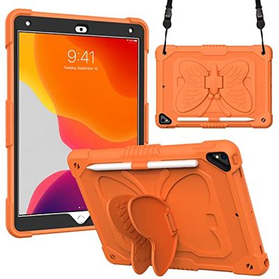 Compatible with iPad Air5 10.9 (2022), 3D Heavy Duty Hard Rugged Protective Case Cartoon Cute Butterfly Wings Stand Shockproof Silicone Case with Stand for Kids (Kumquat)