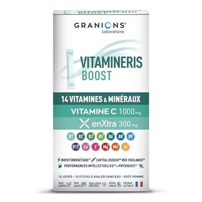 GRANIONS - Vitamineris BOOST - Multivitamines - Vitamine, Vitamine C, Vitamine B12 - Fabriqué en France - 10 vitamines, 4 minéraux et un extrait de plantes - 10 sticks Sans Eau - Goût Pomme