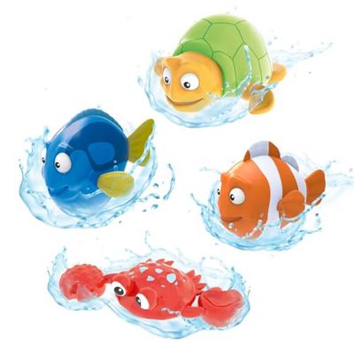 INKEE Juguetes de baño, Juego de 4 Juguetes de baño a Cuerda 1 Tortuga 1 Cangrejo 1 pez Payaso y 1 pez Cirujano Azul - Juguetes de baño para niños