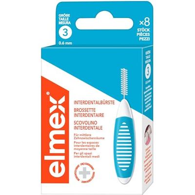 elmex Brosse interdentaire bleue (taille 3, 0,6 mm), 1 x 8 brosses interdentaires pour le nettoyage des espaces interdentaires moyens