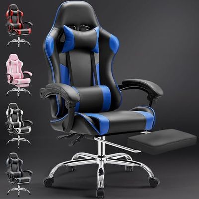 DUMOS Ergonomische gamingstoel met voetensteun, ademend PC met verstelbaar lendenkussen, hoofdkussen en armleuningen, belastbaar tot 150 kg, draaistoel
