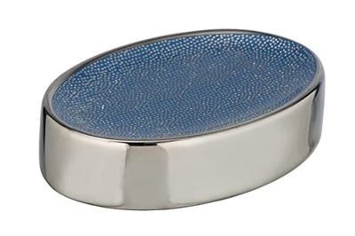 WENKO Tvålkopp Nuria, tvålskål för förvaring av handtvål av högkvalitativ keramik med lyxig strukturerad yta i silver/blå, 12 x 3 x 8 cm