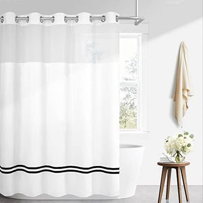 River Dream Fabric Shower Curtain with Snap in Liner,Satin Accent Black Stripe,No Hooks Needed,Sheer Window,Magnets,Chrome Split Rings,71Wx74H,White