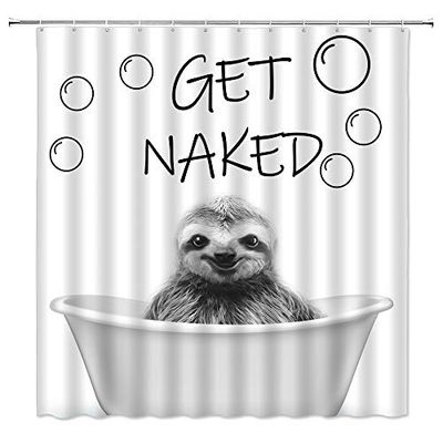 Sunhe Sloth Tenda da doccia in bianco e nero con scritta in inglese Get nudo divertente animale nella vasca da bagno con disegno di disegno carino stampa artistica per bambini in tessuto bagno set