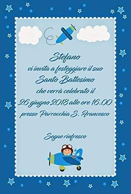 Biglietti Inviti battesimo personalizzati aereoplanino baby azzurro - partecipazioni battesimo bimbo cielo e stelline set da 10 biglietti