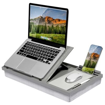 LAPGEAR Ergo Pro 49405 - Escritorio de Regazo con 20 ángulos Ajustables, Alfombrilla para Mouse y Soporte para teléfono, Color Gris, se Adapta a portátiles de hasta 15.6 Pulgadas y la mayoría de Las