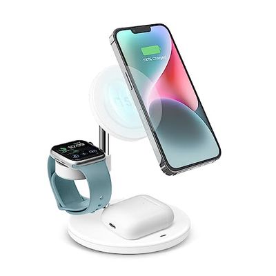 3-in-1 draadloze oplader, 15 W, compatibel met MagSafe voor iPhone, Android smartphones, Apple Watch, AirPods, laadstation met standaardfunctie en 1 USB-C-uitgang, inclusief oplaadkabel