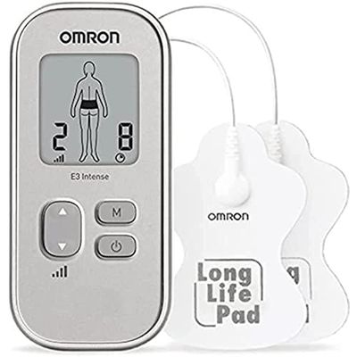 OMRON E3 Intense TENS - Traitement de la douleur adaptable avec 6 programmes, 3 programmes de massage, 15 niveaux d'intensité et des pads durables, réutilisables et lavables (Argent)