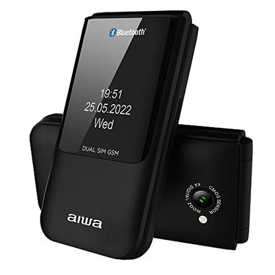 Aiwa FP-24BK: Teléfono Móvil Senior con Doble Pantalla, Dual SIM, Conexión Bluetooth, 32MB RAM + 32 MB ROM, microSD, diseño Slim, con Base de Carga, multilingüe, Negro
