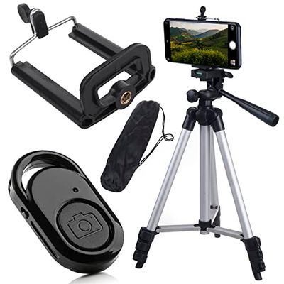 Maclean MC-165 Treppiede universale da 1/4" con supporto per telefono, telecomando Bluetooth e custodia per il trasporto Adatto per fotocamere videocamere smartphone