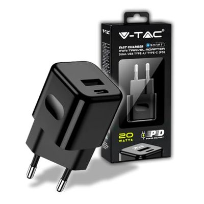 V-TAC Snellader 20 W USB-C voor iPhone Samsung - Mini Ultra snelle oplader voor smartphone - Dual USB type C en USB A voor iPhone 11/12/13/14/PRO/MAX en S21/S22