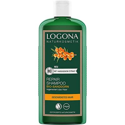 LOGONA Naturkosmetik Shampooing réparateur et nourrissant pour des cheveux naturellement sains, convient aux cheveux abîmés, shampooing réparateur et soin avec formule végétalienne à l'argousier bio,