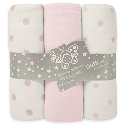 Duffi Baby - Verpakking met 3 mousselines voor baby's, katoen, bedrukt, set van drie rechthoekige mousselines voor baby's, 80 x 110 cm, flanellen zomerdeken 100% zacht katoen, handdoeken voor
