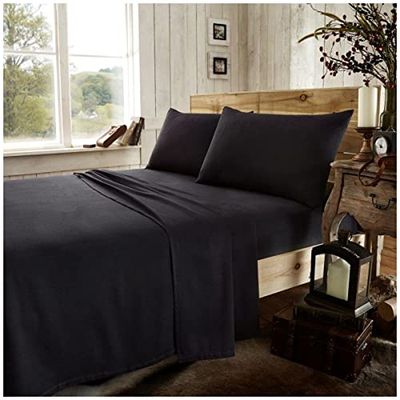 Gaveno Cavailia Gemakkelijk te onderhouden Plain geverfd flanel Hoeslaken, hoge kwaliteit 100% geborsteld katoen luxe accessoire, zacht & gezellig beddengoed, zwart, dubbel formaat laken