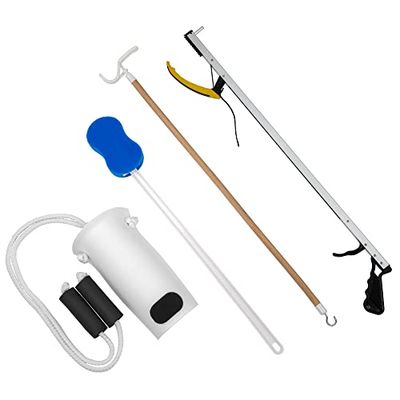 FabLife Kit d'outils multiples pour la rééducation de la hanche, du genou et du dos, y compris : attelage 66 cm, éponge profilée, aide aux chaussettes formées et bâton de pansement 61 cm