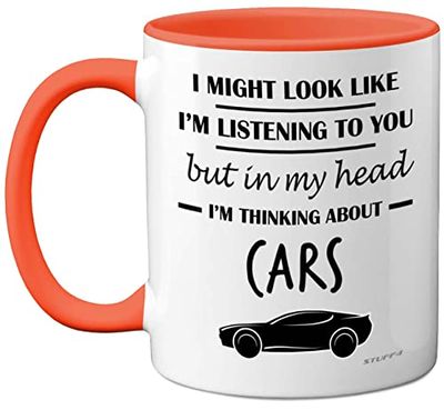 Gifts for Car Enthusiasts - in My Head I'm Thinking About Cars - Funny Classic Car Mug, Gifts for Cars Lovers, Petrol Head Gifts, 11oz Ceramic Dishwasher Safe Premium Orange Handle Mugs - by Stuff4