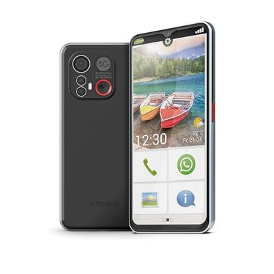 Emporia SMART.6, Smartphone 5G, semplice da usare, adatto a persone anziane, Tripla fotocamera 50 MP, Display da 6,58", Pulsante SOS, Smartcover e base di ricarica incluse, NFC, Android 13 (Italia)