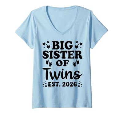 Womens Promoted to Big Sister of Twins 2026 Baby Announcement Gifts V-Neck T-Shirt
