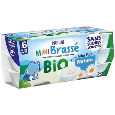Nestlé Bébé - P'tit brassé BIO mini nature sans sucres ajoutés - dès 4/6 mois - 6 x 50g (Lot de 6)