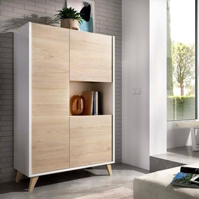 Dmora - Credenza Boario, Buffet alto da soggiorno, Madia moderna da salotto a 3 ante, 81x43h135 cm, Rovere e Bianco