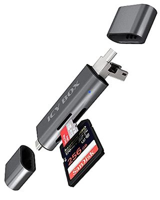ICY BOX Lecteur de Cartes SD avec USB 3.0 pour SD et Micro-SD, 3 connecteurs USB (USB-C, USB-A, Micro-USB), OTG, en Aluminium, modèle IB-CR201-C3
