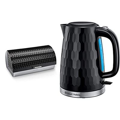 Morphy Richards 978050 Dimensions Roll Top Bread Bin with Stainless Steel Body, Black, Large & Russell Hobbs 26051 Cordless Electric Kettle - Contemporary Honeycomb Design, 1.7 Litre, 3000 W, Black
