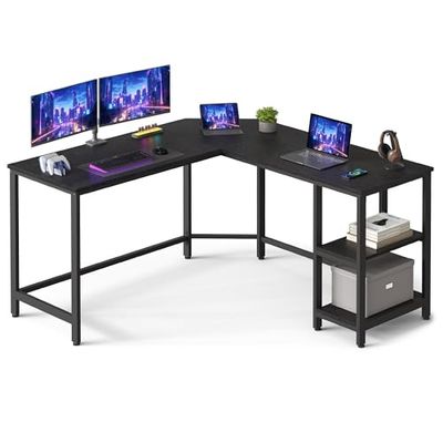 VASAGLE Bureau d'Ordinateur en Forme de L, 138 x 138 x 76 cm, Bureau d'Angle avec 2 Étagères, Gain de Place, pour Jeu, Noir Boisé LWD072B56