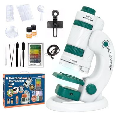 Todeco Microscope 60X-180X pour Enfants et Étudiants - Ensemble avec Zoom Éclairé par LED, 12 Lames Préparées - pour l'Observation Microbiologique