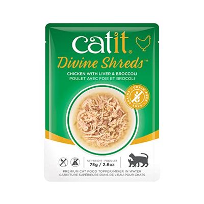 Catit Divine Shreds Cibo per gatti Premium, topping per cibo secco, con carne e fegato di pollo e broccoli, 1 confezione, 75 g