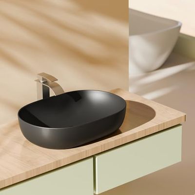EMKE Lavabo ovale da appoggiare, 60 x 41 x 13 cm, nero opaco, facile da installare e pulire, lavabo resistente ai graffi per bagno, mobile lavabo per bagno e WC