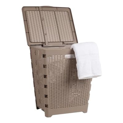 Mind Reader 61L Foldable Laundry Hamper, Clothes Basket, Lid, Wicker Design, Plastic, 18"L x 14.5"W x 21.25"H, Tan