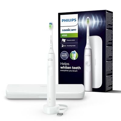 Philips Sonicare 4100 Cepillo dental eléctrico, para adultos, con 1 cabezal de cepillado sónico, W2 Optimal White en blanco, estuche de viaje compacto y cargador USB, modelo HX3683/33