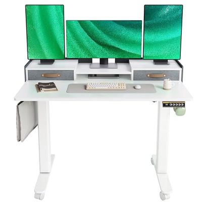 Morsut Stabureau met laden 120x60cm, staand elektrisch sta-bureau in hoogte verstelbaar, zit-sta bureau met opbergplank en splitplank, wit