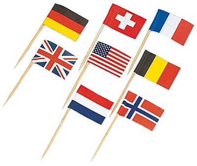 Amscan - 5310-30 mini-sticks vlaggen - willekeurig model - 6,5 cm, kleurrijk