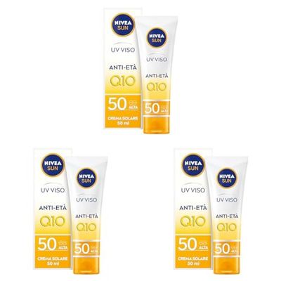 NIVEA SUN UV Viso Anti-Età FP 50 in tubetto da 50 ml,Crema viso antirughe con Coenzima Q10, Crema solare viso 50 per uso giornaliero, Crema antimacchia viso con azione anti-età (Confezione da 3)