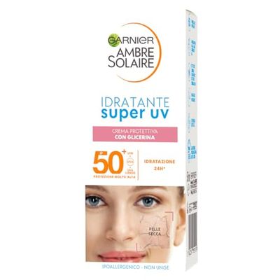 Garnier Crema Viso Protettiva Idratante Super UV, Per Pelli Secche, Protezione SPF 50+, Ad Assorbimento Rapido, Con Glicerina, Ambre Solaire, 50 ml