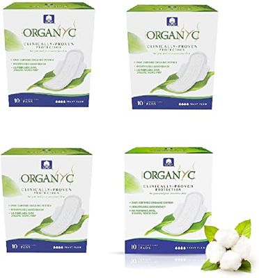 Organ(y)c, compressas de noite com asas de algodão certificado 100 % bio - 4 embalagens x 10 compressas (total 40 unidades)